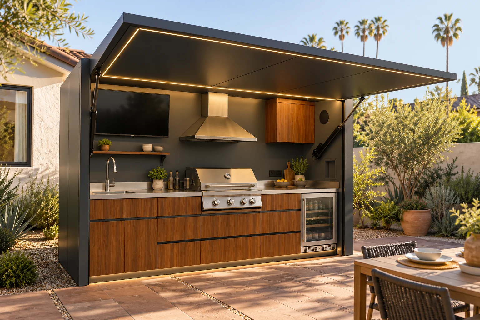 Standard kitchen visualization in a Los Angeles bungalow backyard, with palms, native planting and afternoon light