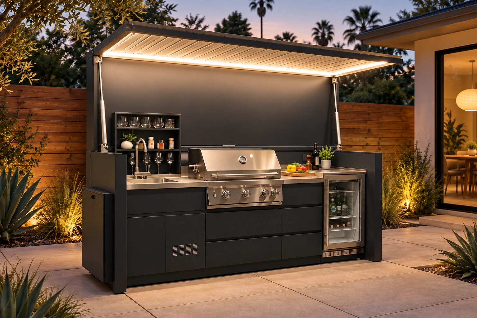 Compact Pod with its folding shell open, catalogue-based visualization on a Los Angeles patio