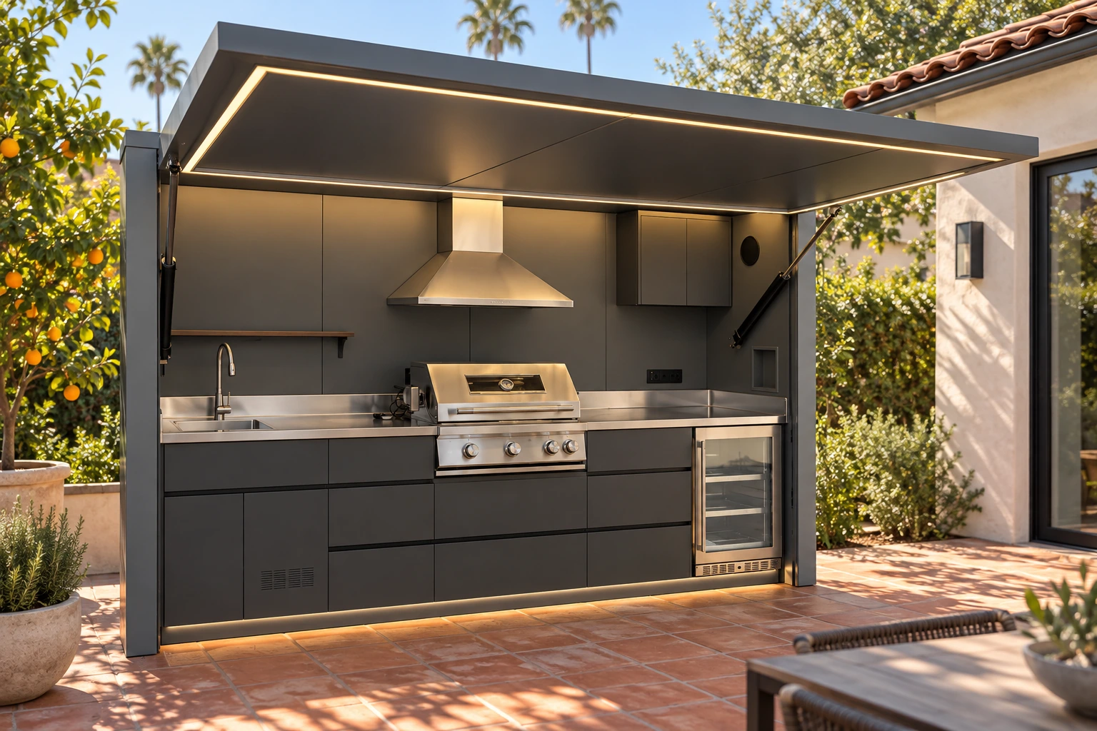 Standard outdoor kitchen, catalogue-based visualization in a Southern California backyard